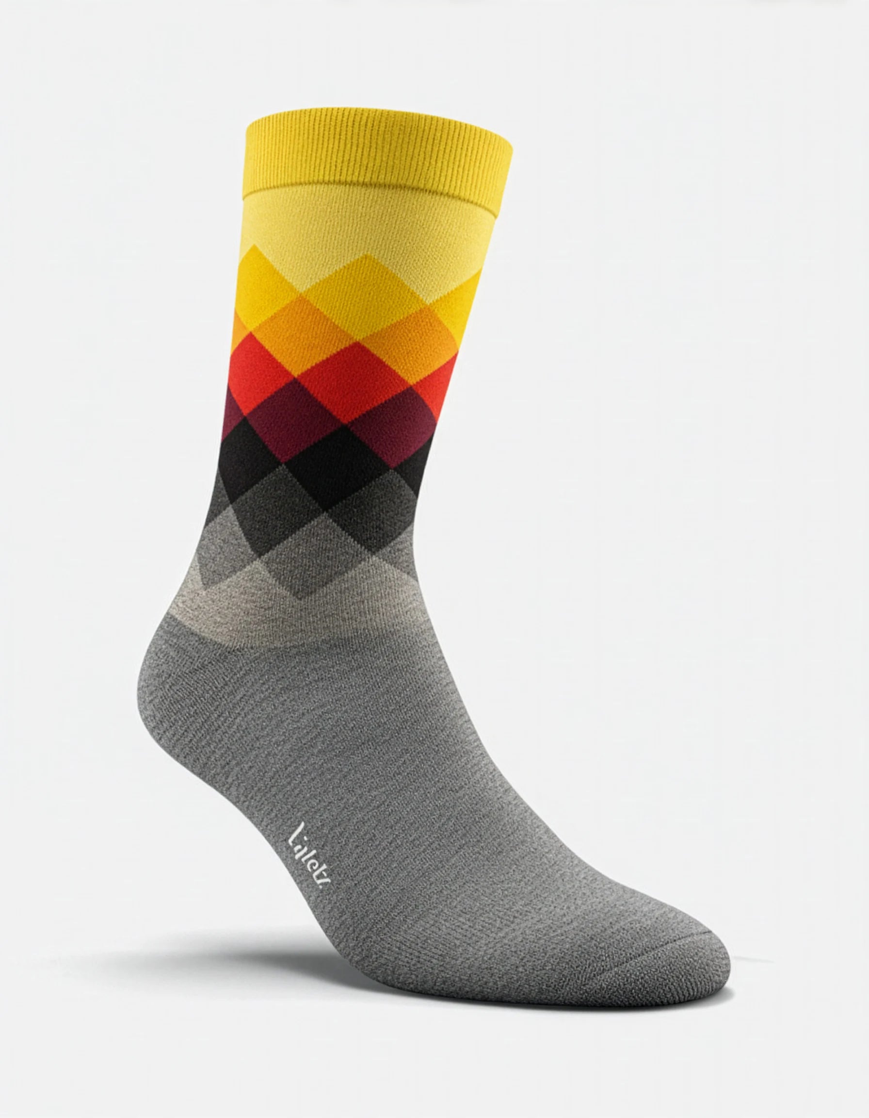 Par de calcetines de algodón unisex con un diseño vibrante multicolor en tonos amarillo y gris.
