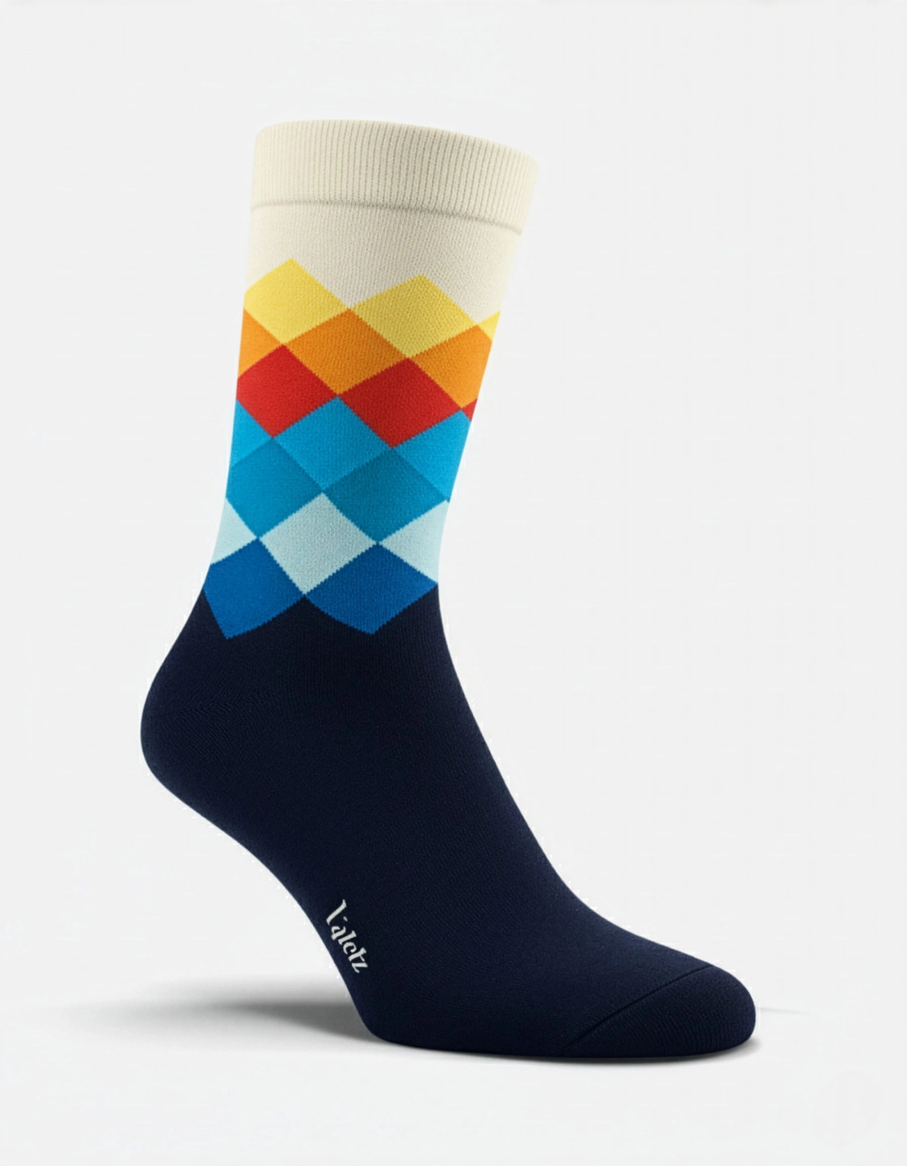 Par de medias de algodón unisex con diseño multicolor en blanco y azul.