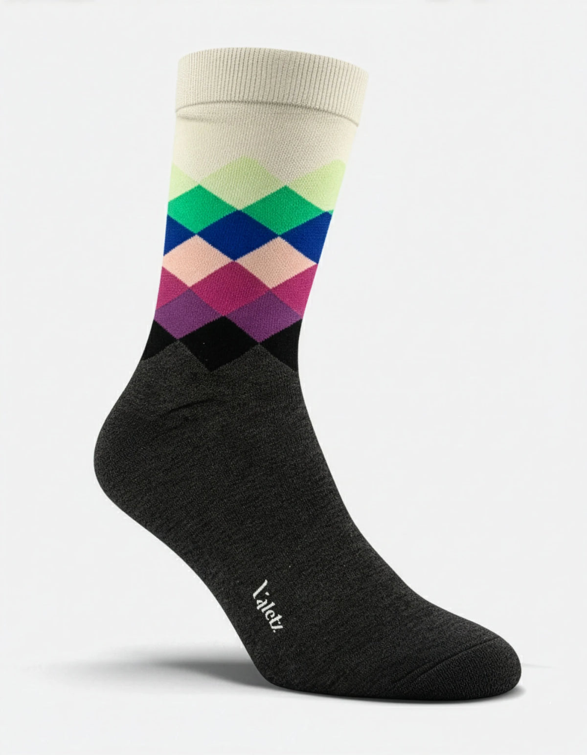 Par de medias de algodón unisex con diseño multicolor en gris y morado.