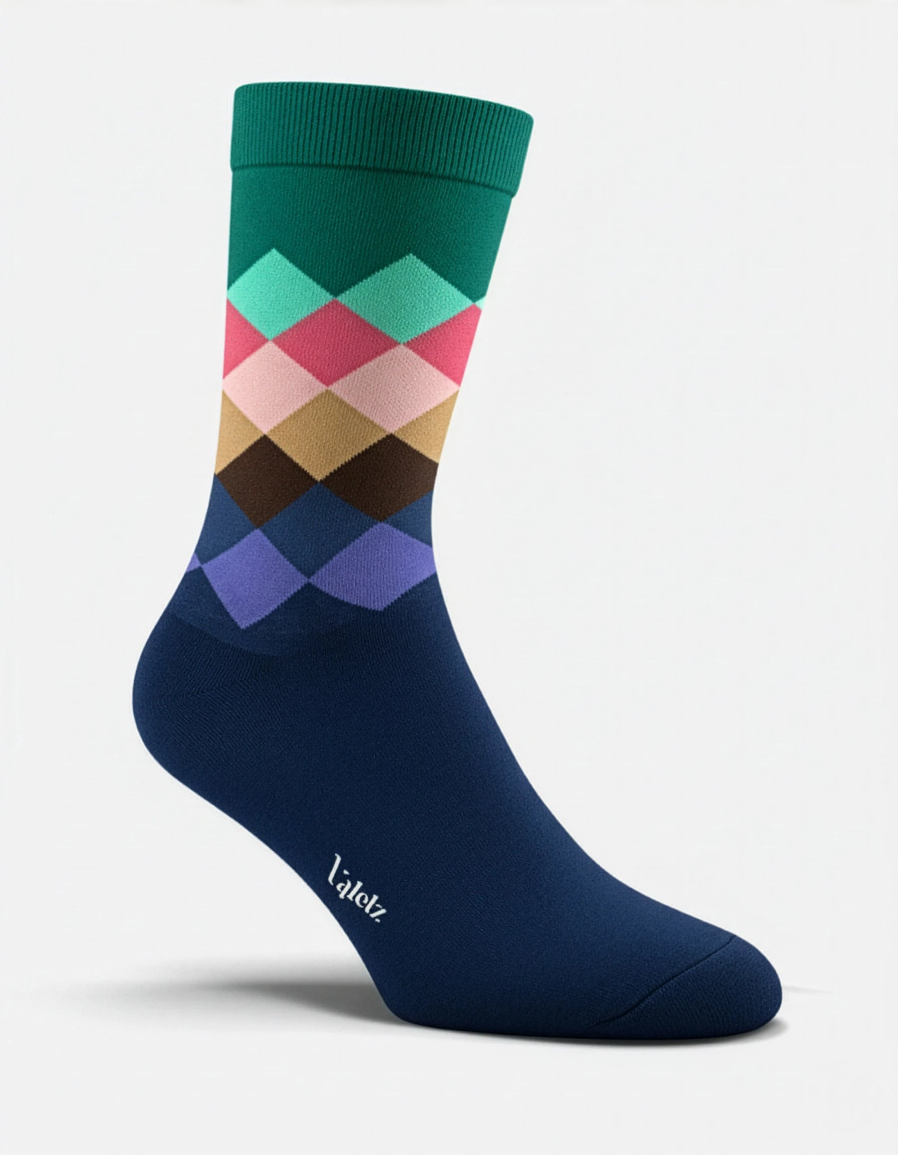 Par de calcetines de algodón unisex con diseño multicolor en verde y azul navy.
