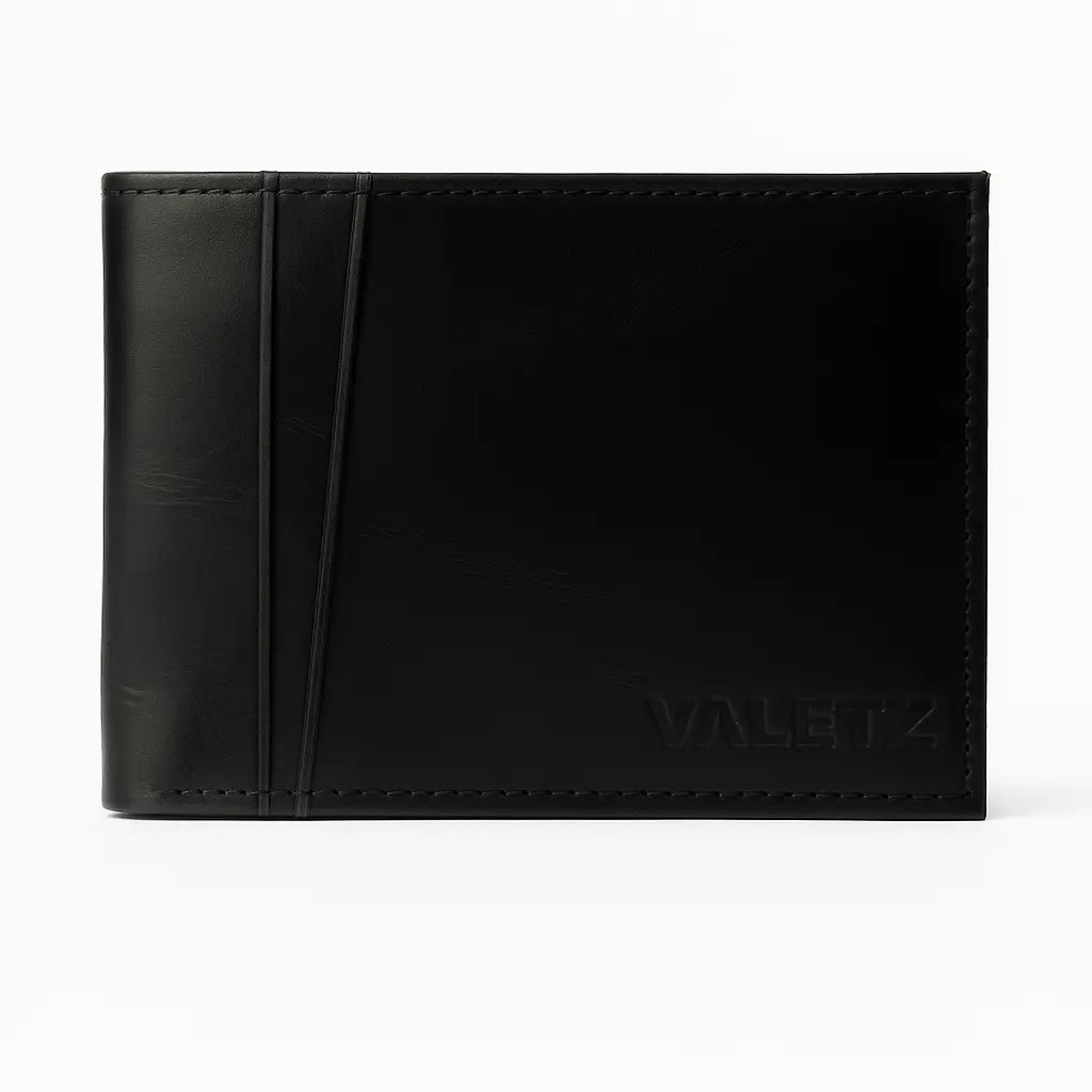 Billetera de cuero para hombre color negro, estilo bifold, con varios compartimentos abiertos.